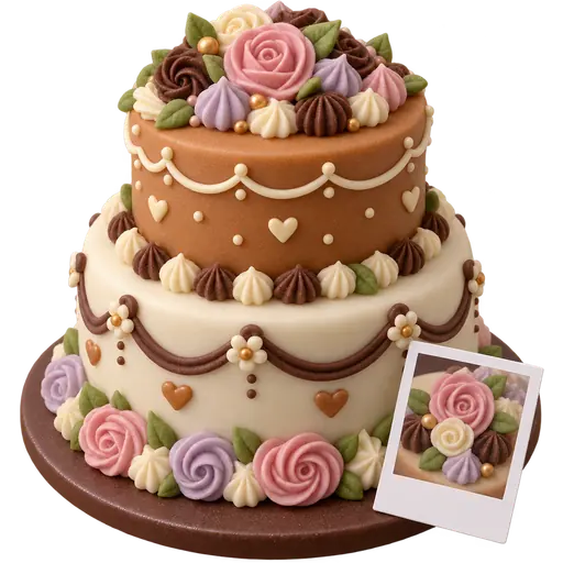 A custom celebration cake, shown as a sugar-paste illustration
