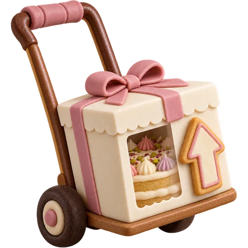 Sugar-paste illustration of a cake box on a hand truck, moving