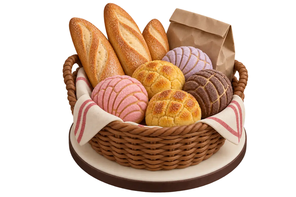 Sugar-paste miniature of baguettes, pineapple buns and conchas in a basket