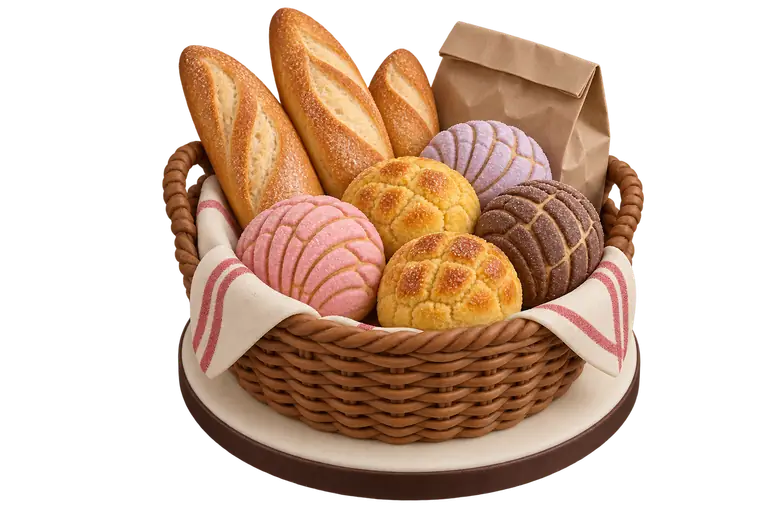 Sugar-paste miniature of baguettes, pineapple buns and conchas in a basket
