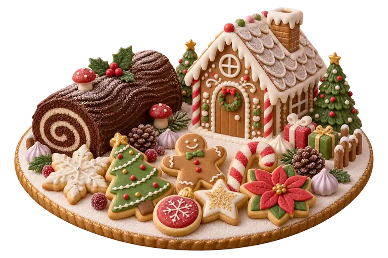 Sugar-paste miniature of decorated cookies, a yule log and a gingerbread house